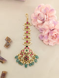 Jadau kundan tika with pearl and natural strawberry beads drop