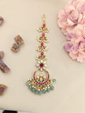 Jadau kundan floral tika with pearl and natural strawberry beads drop