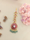 Jadau kundan floral tika with pearl and natural strawberry beads