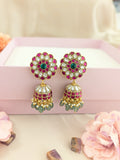 Jadau Kundan floral jhumkas with pearls and natural strawberry beads drop