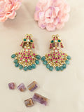 Jadau kundan Peacock earrings drop with pearl and natural strawberry beads
