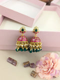 Jadau kundan jhumkas with pearl and natural strawberry beads drop