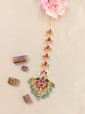 Jadau kundan Peacock tika with pearl and strawberry beads drop