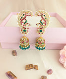 Jadau kundan peacock full Earcuff Jhumkas with pearl and natural strawberry beads drops