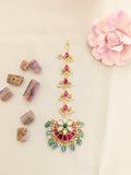 Jadau kundan tika with pearl and natural strawberry beads drop