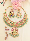 Jadau kundan Navratna goddess laxmi necklace set with earrings with pearl and natural strawberry beads drop