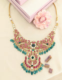 jadau kundan peacock necklace with center craving stone, pearls and natural strawberry beads drop(No earrings)
