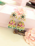 Jadau kundan jhumkas with pearl and natural strawberry beads