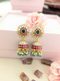 jadau kundan jhumkas with pearl and natural strawberry beads drop