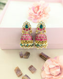 Jadau kundan jhumkas with pearl and natural strawberry beads drop