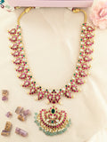 Jadau kundan mango long necklace with pearl and natural strawberry beads drop