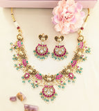 Jadau kundan+Antique peacock necklace set with earrings and natural strawberry beads drop