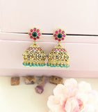 Jadau kundan+Antique floral jhumkas with pearl and onyx beads drop