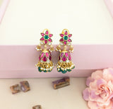 Jadau kundan Floral jhumkas with pearl and natural strawberry beads