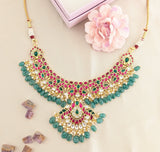 Jadau kundan peacock short necklace with pearl and natural strawberry beads(No earrings)