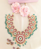 Jadau kundan Bridal long necklace with pearl and natural strawberry beads drop(No Earrings)