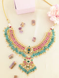 Jadau kundan 2 line necklace with pearl and natural strawberry beads drop(No Earrings)