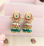 Jadau kundan chand shape jhumkas with pearl and natural strawberry beads drop