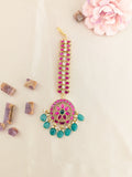 Jadau kundan floral round tika with pearl and natural strawberry beads