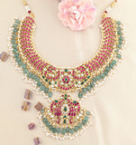 Jadau kundan peacock layer necklace with pearl and natural strawberry beads drop(No Earrings)