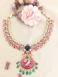 Jadau kundan peacock carving stone necklace with pearl and natural strawberry beads drop(No Earrings)