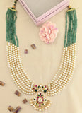 Jadau kundan+ Moissonite polki peacock pendant Pearls/Beads Mala
