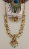Temple/Antique Goddess laxmi peacock long necklace with pearl and natural strawberry beads drop(With Earrings)