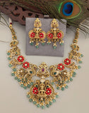 Temple/Antique Goddess Laxmi peacock coral necklace with pearl and natural strawberry beads drop(With Earrings)