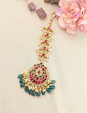 Jadau kundan tika with pearl and natural strawberry beads drop