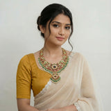Jadau kundan peacock long necklace set with pearl drops and natural strawberry beads(without earrings)