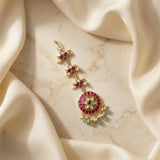 Jadau kundan floral tika with pearl drop and natural strawberry beads