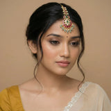 Jadau kundan tika with pearl drop and natural strawberry beads
