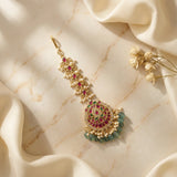 Jadau kundan tika with pearl drops and Natural strawberry beads
