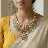 Jadau kundan peacock long necklace set with pearl drops and natural strawberry beads(without earrings)