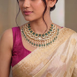 Jadau Kundan Green Carving Necklace With Pearl & Natural Strawberry Beads
