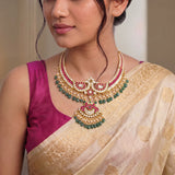 Jadau Moissonite Peacock 3 layer Necklace with Pearl & Natural Strawberry Beads