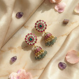 Jadau Kundan floral jhumkas with pearls and natural strawberry beads drop