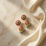Jadau kundan jhumkas with pearl and natural strawberry beads