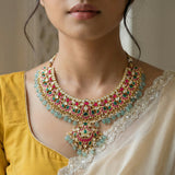Jadau kundan peacock necklace with pearl and strawberry beads(No Earrings)