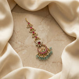 Jadau kundan floral tika with pearl and natural strawberry beads drop