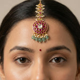 Jadau kundan floral tika with pearl and natural strawberry beads