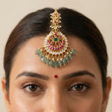 jadau kundan bridal tika with pearl and natural strawberry beads drop