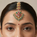 Jadau kundan Peacock tika with pearl and strawberry beads drop