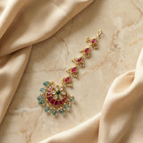 Jadau kundan tika with pearl and natural strawberry beads drop