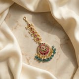 Jadau kundan tika with pearl and natural strawberry beads drop