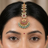 Jadau kundan floral tika with pearl and natural strawberry beads drop