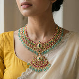 Jadau kundan necklace with pearl and natural strawberry beads drop(No earrings)