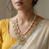 Jadau kundan pearl mala pendant necklace with pearl and natural strawberry beads drop(No earrings)