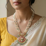 Jadau kundan pendant pearl mala with natural strawberry beads drop (No earrings)