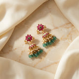 Jadau kundan floral jhumkas with pearl and natural strawberry beads drop
